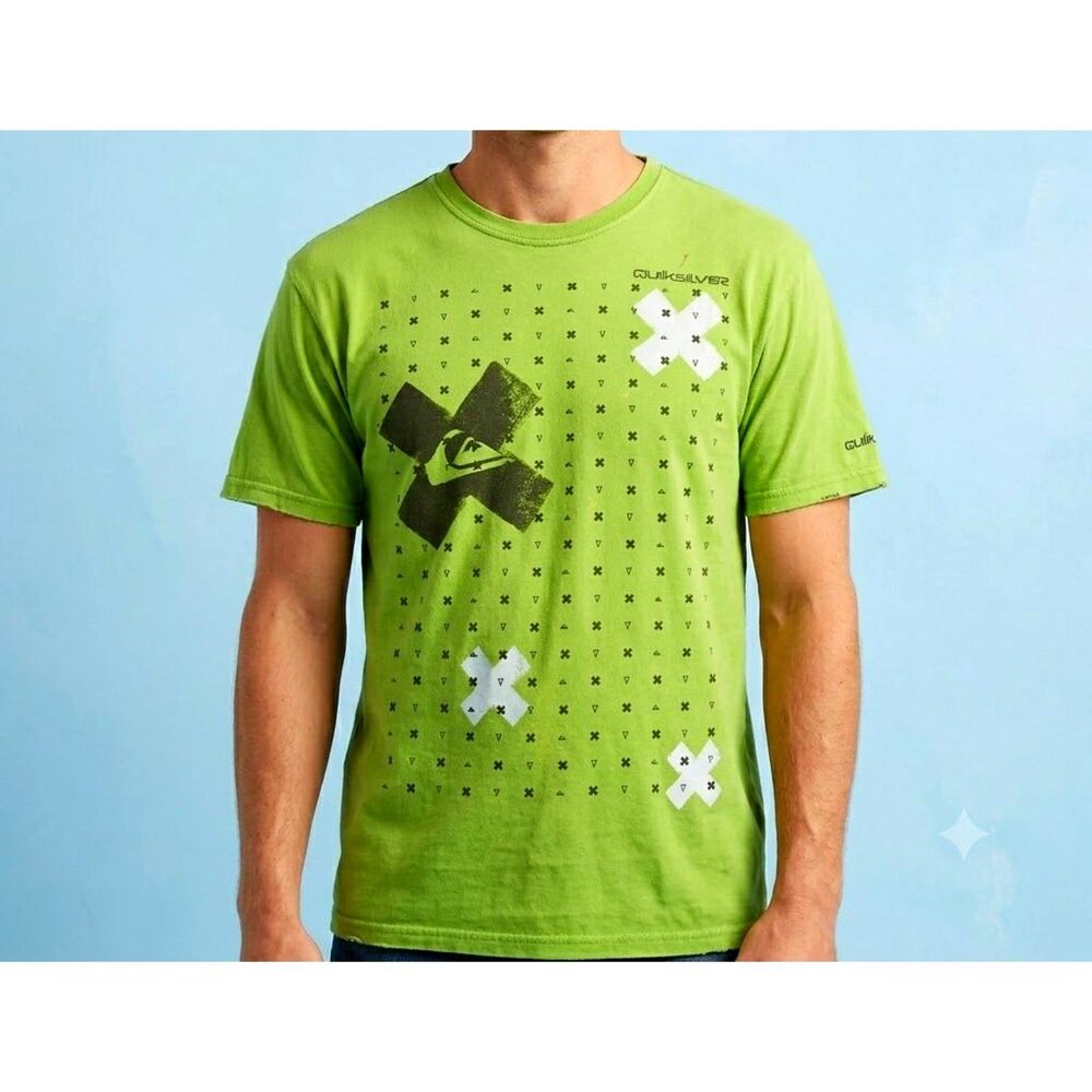 Retro Quicksilver T Shirt L Pea Green Abstract Cross Front Graphic Cotton Unisex